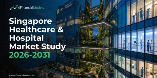 Cover image for eFinancialModels report: Singapore Healthcare & Hospital Market Study 2026–2031, featuring a modern glass hospital building at dusk.