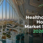 Futuristic Dubai hospital lobby with glass walls and a banner reading UAE Healthcare & Hospital Market Study 2026-2031, eFinancialModels site.