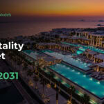 Dubai resort and pool complex at sunset with the headline 'UAE Hospitality Market Study 2026–2031' and eFinancialModels logo on the left.