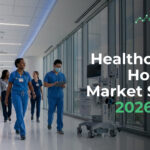 Healthcare professionals walk down a modern hospital corridor beside medical equipment, with a dark overlay showing 'USA Healthcare & Hospital Market Study 2026-2031' and the eFinancialModels logo.