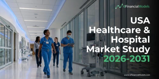 Healthcare professionals walk down a modern hospital corridor beside medical equipment, with a dark overlay showing 'USA Healthcare & Hospital Market Study 2026-2031' and the eFinancialModels logo.