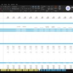 Screenshot of an income statement in Excel for ABC Company showing Revenue, Costs, Gross Profit and expenses across multiple periods with highlighted blue total lines and a tab bar at the bottom labeled Dashboard, Acquisition, Construction, and more.