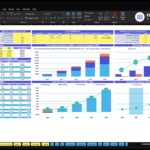 Dashboard showing financial projections with charts and tables for 2026–2030 (revenue, EBITDA, cash flow) in Excel.