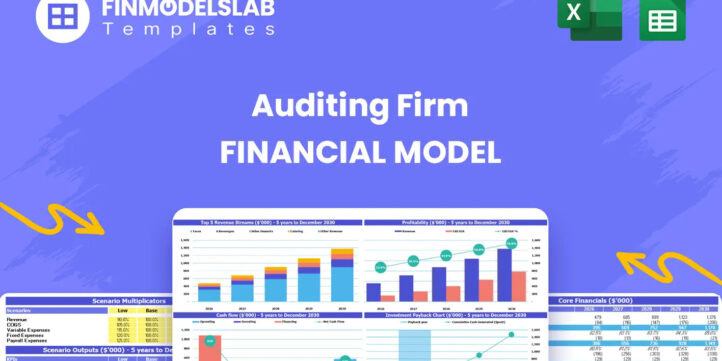 auditor-financial-model-headimage-financialmodelslab_6473d9e8-68f2-4da4-9d03-a0f566b7286f1 | eFinancialModels Auditing firm financial model templates on a blue banner with charts at the bottom and Excel icons in the corner, announcing the product.