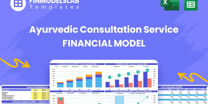 ayurvedic-consultation-financial-model1 | eFinancialModels Ayurvedic Consultation Service Financial Model head image summarizing the model structure and purpose, highlighting key tabs like dashboard, inputs, scenarios, reports and valuation to guide revenue, costs, staffing and funding decisions.