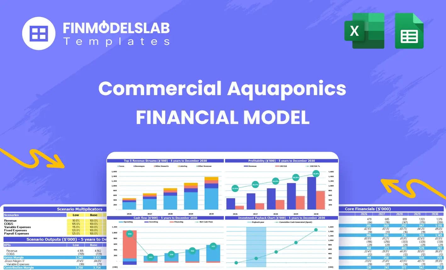 Commercial Aquaponics Financial Model overview head image summarizing key KPIs, runway and performance with a dynamic dashboard for investor-ready presentations and to expose cash-flow blind spots