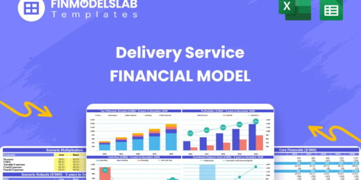 Delivery Service Financial Model head image summarizing the product overview, key features, and how the model helps forecast revenue, costs, cash runway and investor-ready outputs.