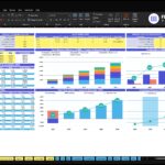 Excel dashboard with blue tables and multiple charts showing 2026–2030 financial projections