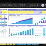Excel dashboard screenshot showing revenue, cash flow, EBITDA and KPI charts across multiple panels for a hemp farming project (hemp-farming.xlsx).