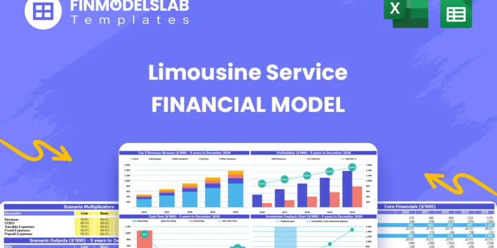 limousine-taxi-financial-model-headimage-financialmodelslab_56070629-d5e9-48bb-a070-1e0895a447b41 | eFinancialModels Limousine Service Financial Model head image summarizing the model purpose and contents, highlighting dashboard, inputs, reports and valuation to help operators plan revenue, costs, staffing and funding.