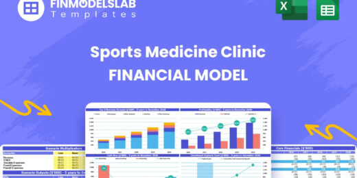 Sports Medicine Clinic Financial Model head image summarizing the model purpose and structure, highlighting dashboard, inputs, reports and valuation to guide forecasting, investor-ready outputs, and clear assumptions.