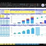 Dashboard view of a financial Excel workbook with multiple charts and tables showing revenue, costs, and profitability projections.