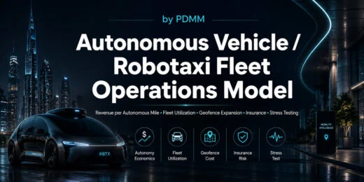 Autonomous Vehicle / Robotaxi Fleet Operations Financial Model – RAM, Safety Driver Phase-Out, Geofence Expansion, Fleet Utilization & Liability Stress Test