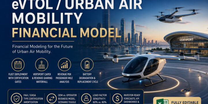 eVTOL / Urban Air Mobility Financial Model – Fleet Deployment, Vertiport CapEx, Passenger Mile Revenue, Battery Replacement & Certification Cost eVTOL / Urban Air Mobility Financial Model – Fleet Deployment, Vertiport CapEx, Passenger Mile Revenue, Battery Replacement & Certification Cost
