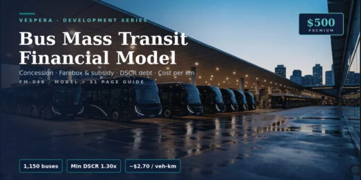 Bus Mass Transit Financial Model (Excel) | Concession, Farebox & Subsidy, DSCR Debt & Cost per KM