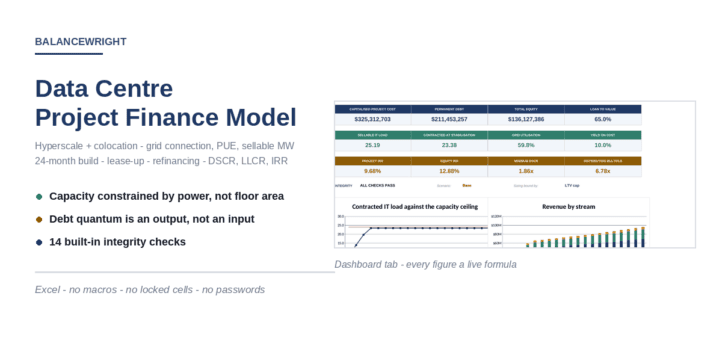 Data Centre Project Finance & Colocation Model – Power-Constrained Capacity, DSCR Debt Sizing (Excel) Data Centre Project Finance & Colocation Model – Power-Constrained Capacity, DSCR Debt Sizing (Excel)