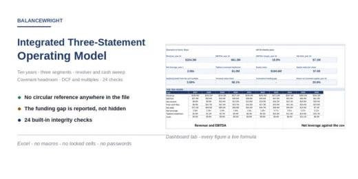 Integrated Three-Statement Financial Model – 10 Years, Revolver & Cash Sweep with No Circular References, Covenant Headroom, Cross-Checked Valuation (Excel)