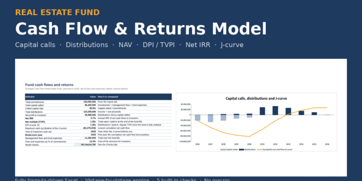 Real Estate Fund Cash Flow and Returns Model (Capital Calls, Distributions, NAV, DPI, TVPI, Net IRR, J-Curve) Real Estate Fund Cash Flow and Returns Model (Capital Calls, Distributions, NAV, DPI, TVPI, Net IRR, J-Curve)
