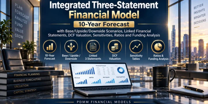 Integrated Three-Statement Financial Model – 10-Year Forecast with Base/Upside/Downside Scenarios, Linked Financial Statements, DCF Valuation, Sensitivities, Ratios and Funding Analysis Integrated Three-Statement Financial Model – 10-Year Forecast with Base/Upside/Downside Scenarios, Linked Financial Statements, DCF Valuation, Sensitivities, Ratios and Funding Analysis