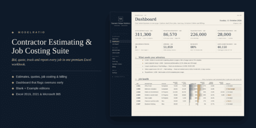 Contractor Estimating & Job Costing Suite Excel dashboard showing contract value, gross profit, job health and budget alerts